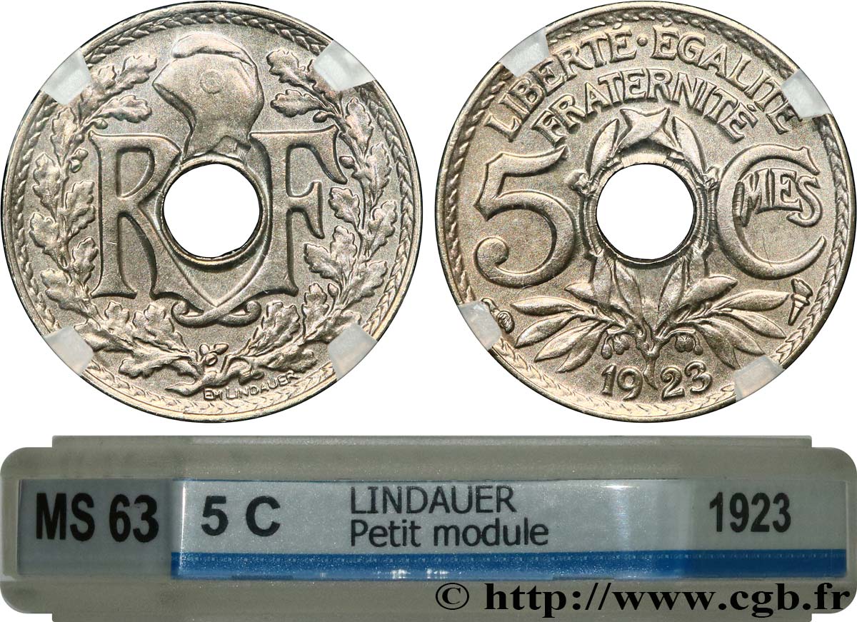 5 centimes Lindauer, petit module 1923 Paris F.122/6 SPL63 GENI