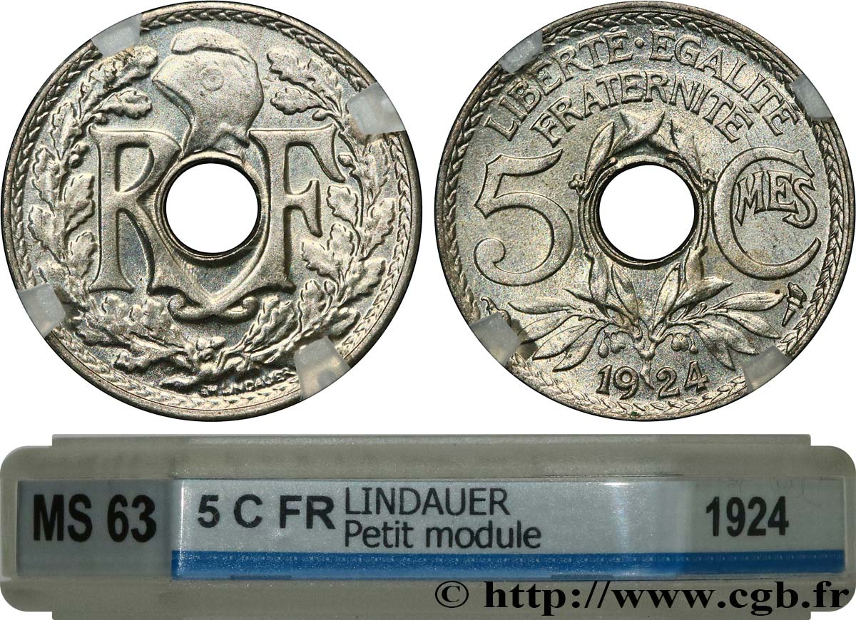 5 centimes Lindauer, petit module 1924 Paris F.122/8 MS63 GENI