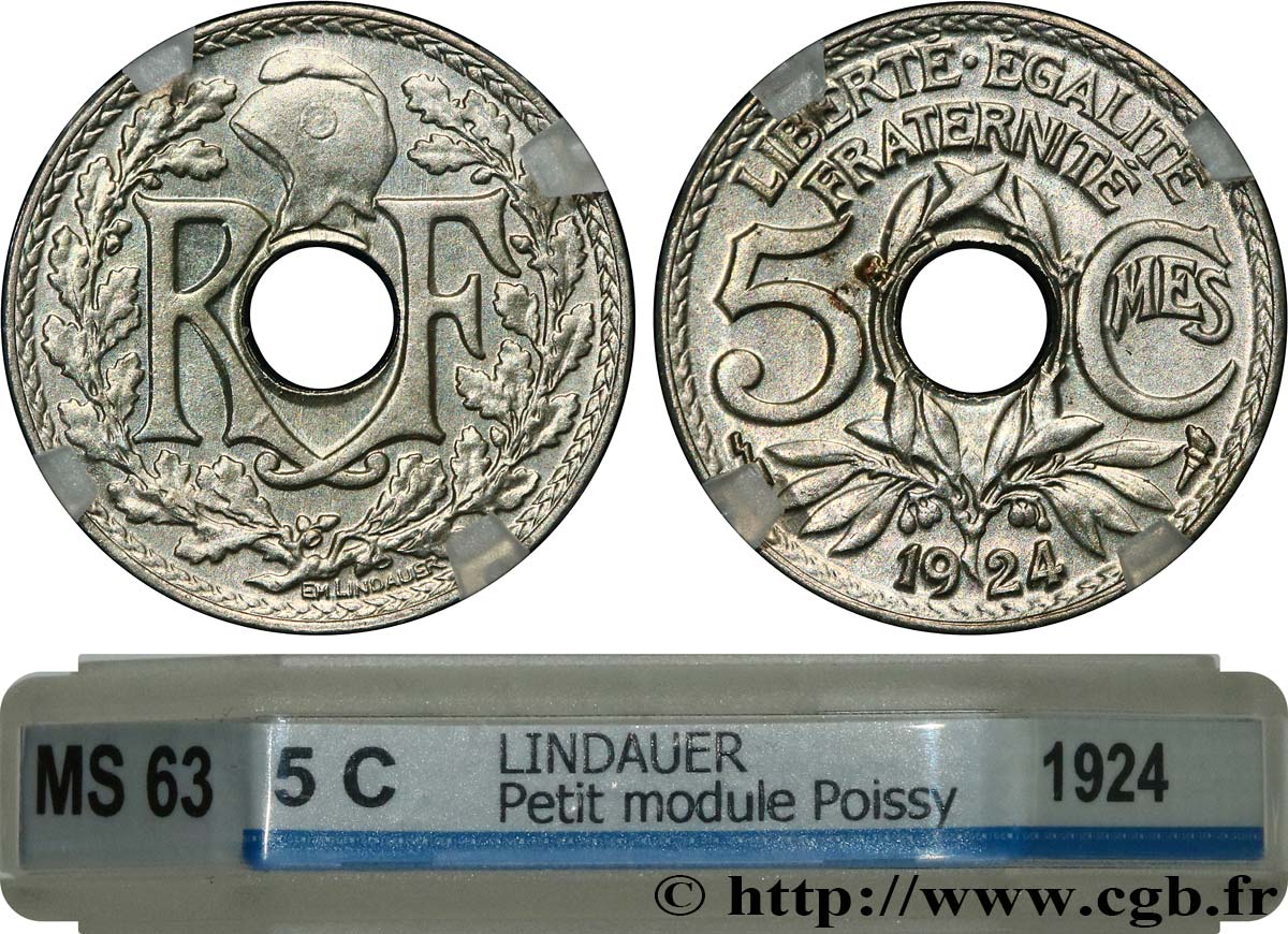 5 centimes Lindauer, petit module 1924 Poissy F.122/9 SPL63 GENI