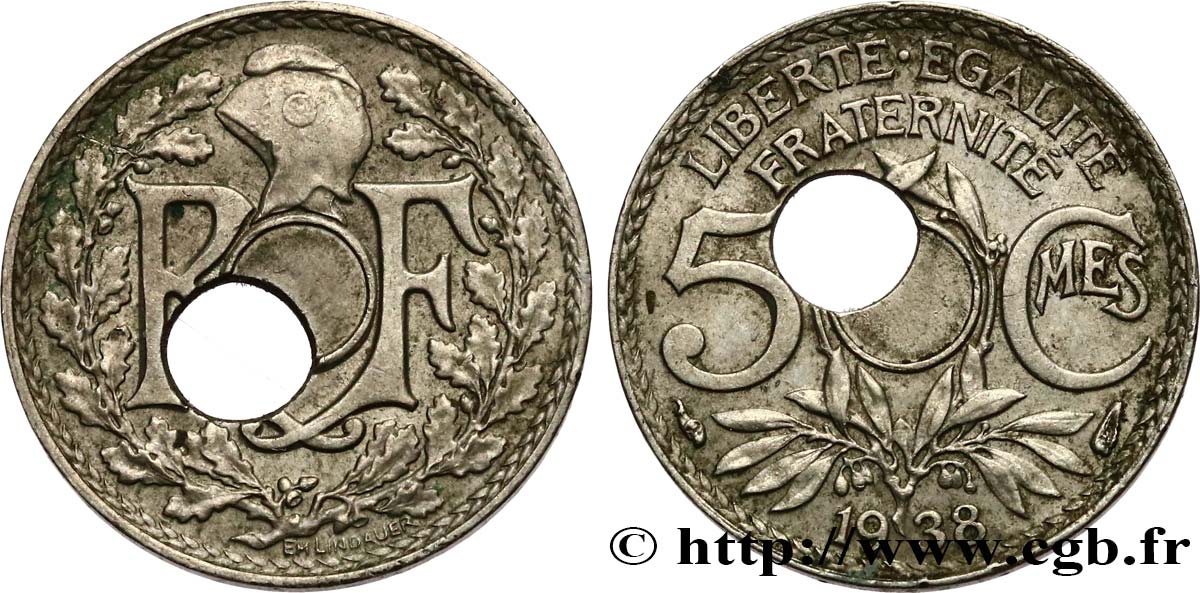 5 centimes Lindauer, petit module, trou décentré 1938  F.122/21 var. BB45 