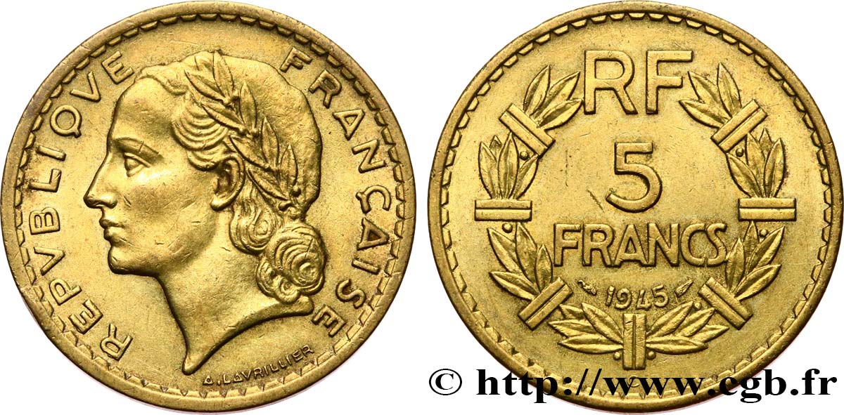 5 francs Lavrillier, bronze-aluminium 1945 Castelsarrasin F.337/6 AU50 