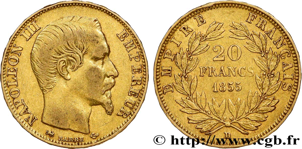 20 francs or Napoléon III, tête nue 1855 Lyon F.531/7 TB+ 