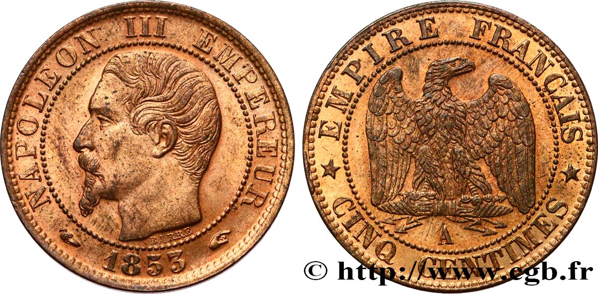 Cinq centimes Napoléon III, tête nue 1853 Paris F.116/1 fST63 