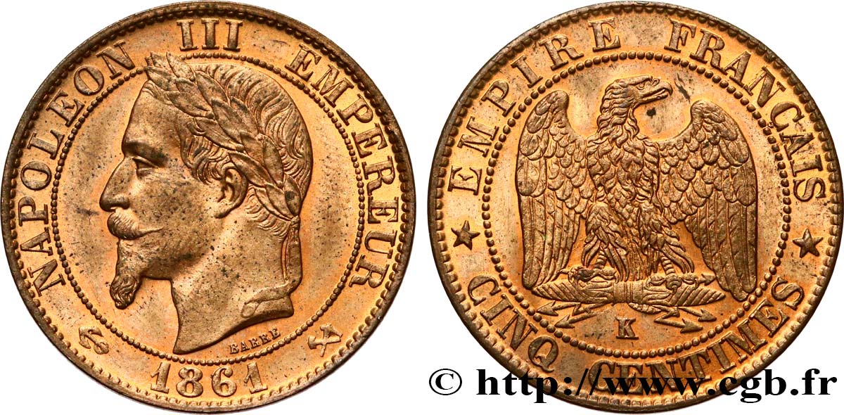 Cinq centimes Napoléon III, tête laurée 1861 Bordeaux F.117/6 SC64 