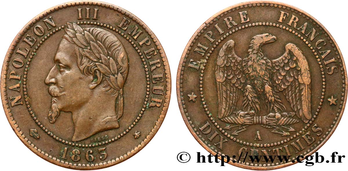 Dix centimes Napoléon III, tête laurée 1863 Paris F.134/10 MBC45 