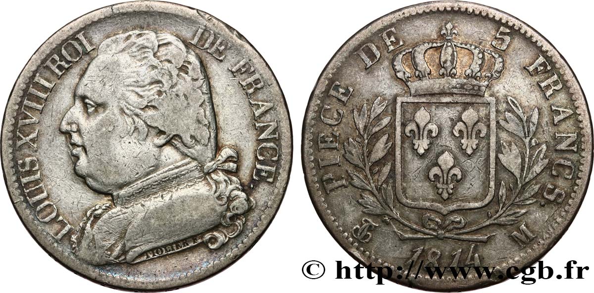 5 francs Louis XVIII, buste habillé 1814 Toulouse F.308/9 MB35 