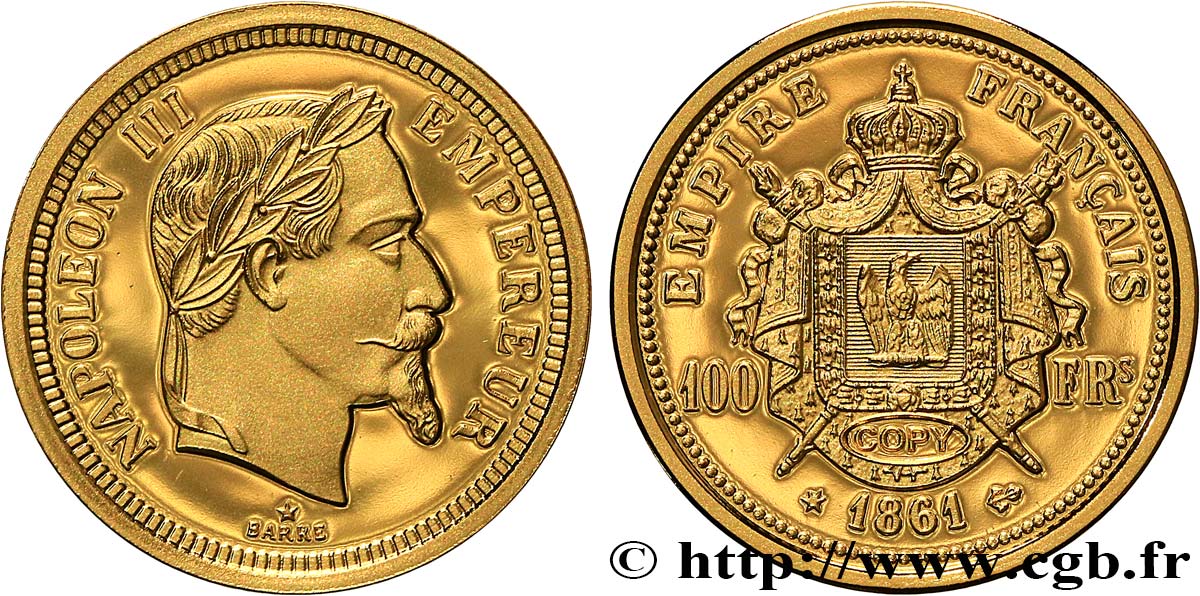 Médaillette Belle Épreuve de 100 francs or Napoléon III, tête laurée 1861 s.l.  FDC 