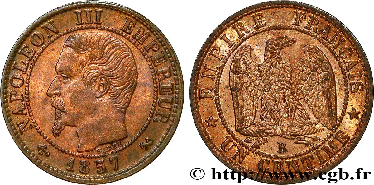 Un centime Napoléon III, tête nue 1857 Rouen F.102/34 EBC62 