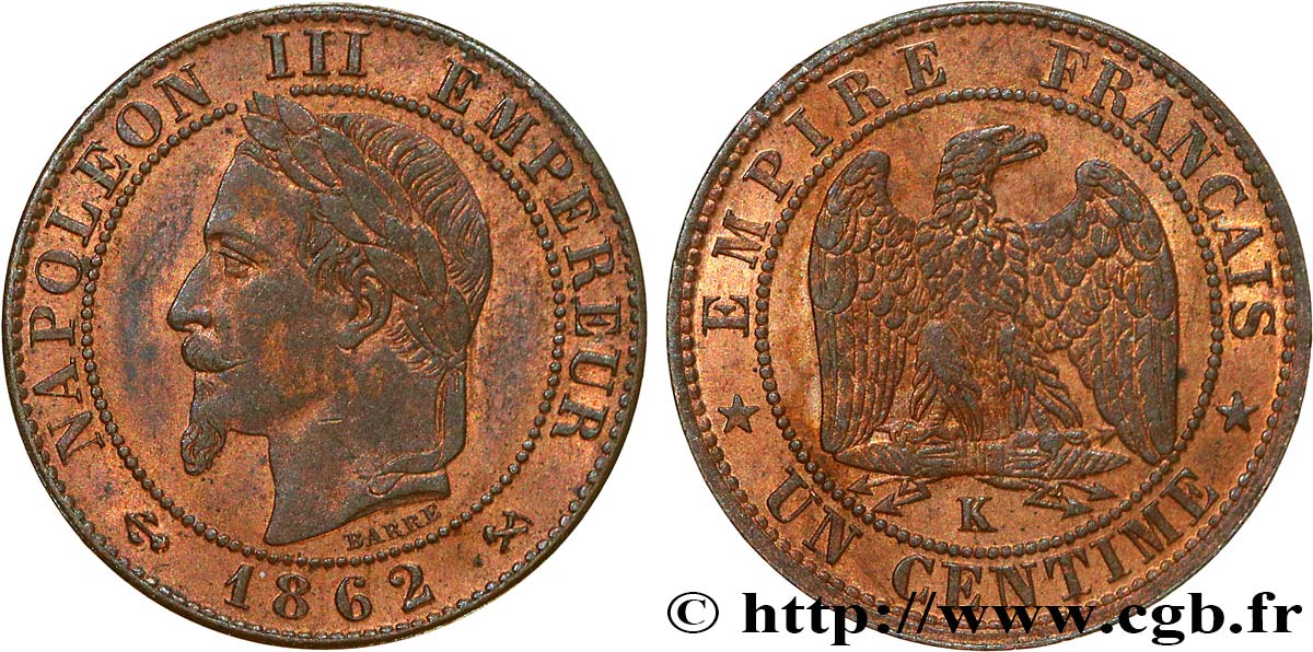 Un centime Napoléon III, tête laurée 1862 Bordeaux F.103/7 MS61 