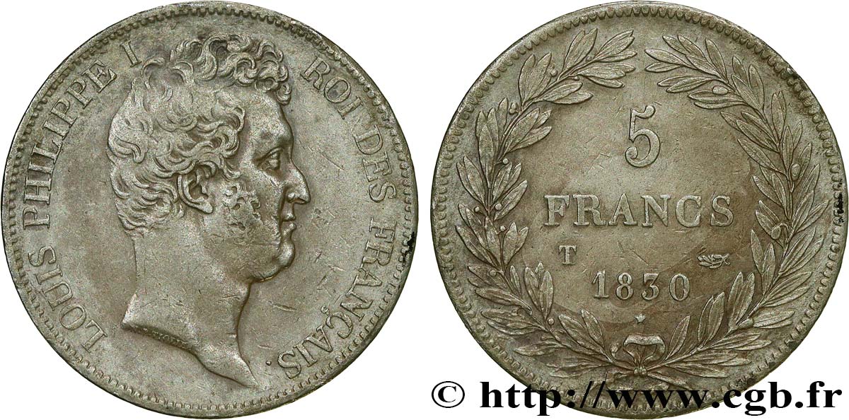 5 francs type Tiolier avec le I, tranche en creux 1830 Nantes F.315/12 XF 