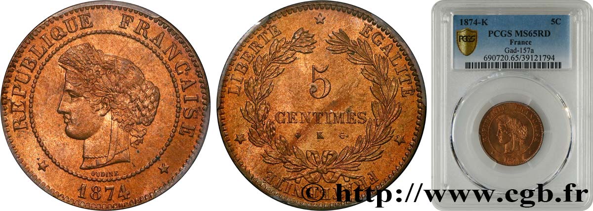5 centimes Cérès 1874 Bordeaux F.118/10 MS65 PCGS