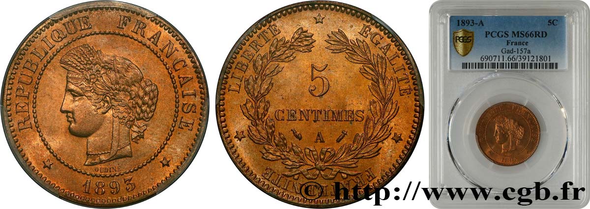 5 centimes Cérès 1893 Paris F.118/35 MS66 PCGS