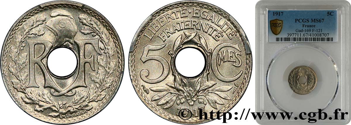 5 centimes Lindauer, grand module 1917 Paris F.121/1 ST67 PCGS