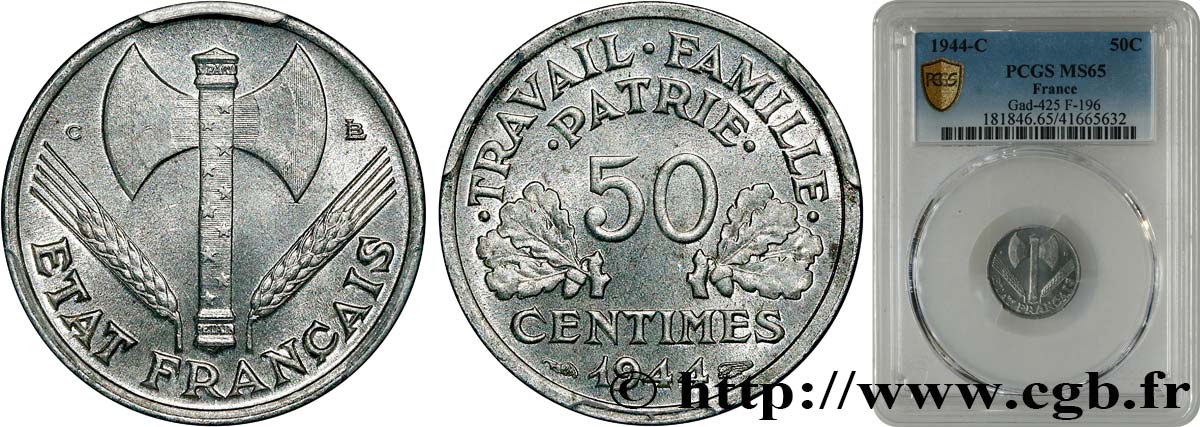 50 centimes Francisque, légère 1944 Castelsarrasin F.196/6 ST65 PCGS