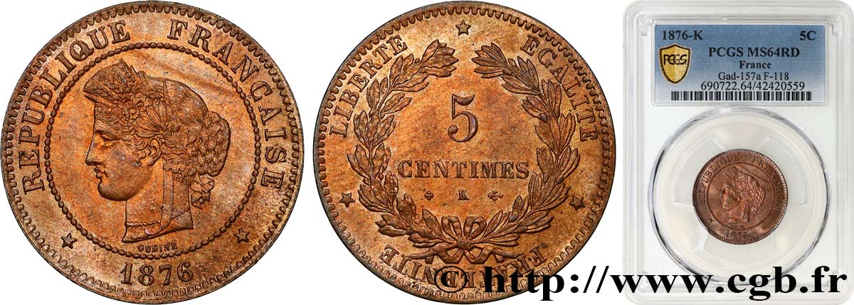 5 centimes Cérès 1876 Bordeaux F.118/14 MS64 PCGS