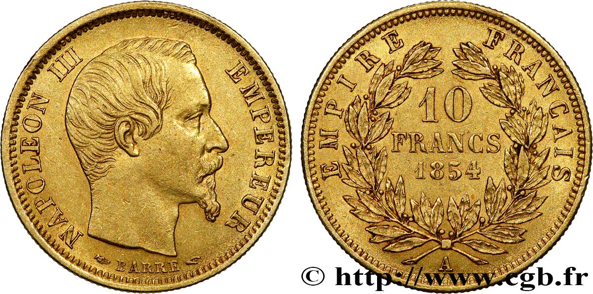 10 francs or Napoléon III tête nue, petit module 1854 Paris F.505A/1 VZ55 