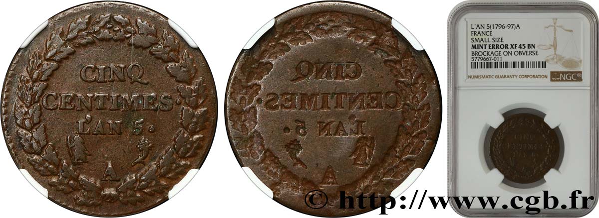 Cinq centimes Dupré, grand module, incuse du revers, CIN/NIQ 1797 Paris F.115/5 var. XF45 NGC