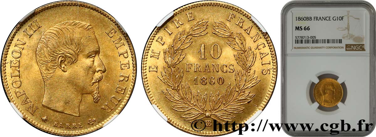 10 francs or Napoléon III, tête nue 1860 Strasbourg F.506/11 MS66 NGC