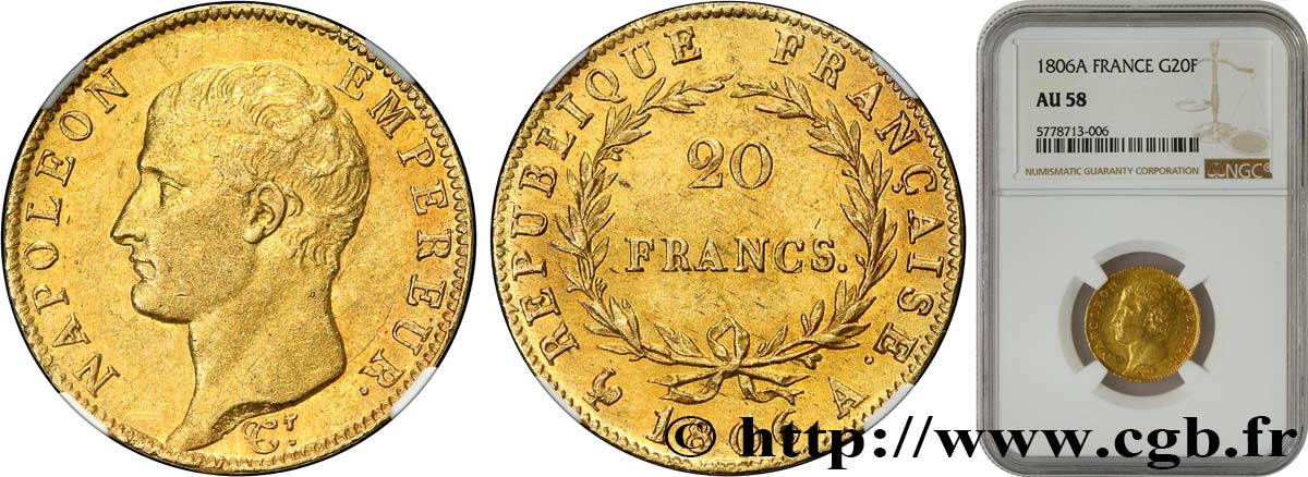 20 francs Napoléon tête nue, calendrier grégorien 1806 Paris F.513/1 SPL58 NGC