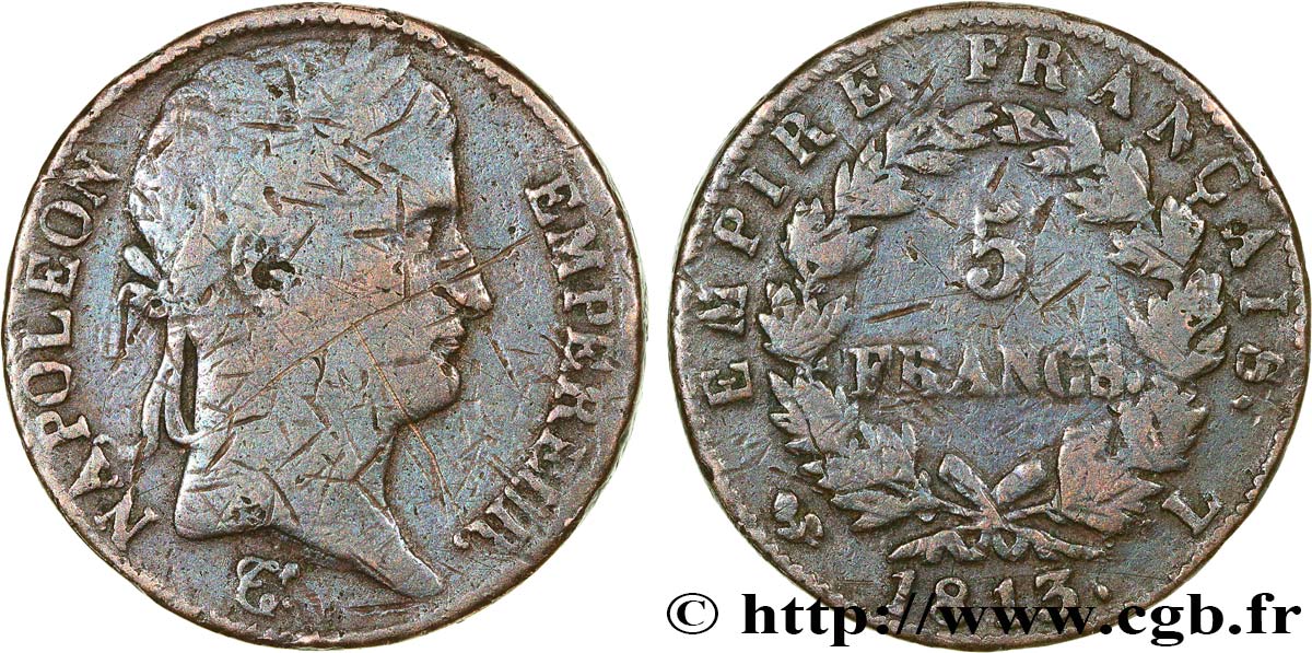 FAUX de 5 francs Napoléon Empereur, Empire français, en bronze 1813 Bayonne F.307/67 var. B+ 