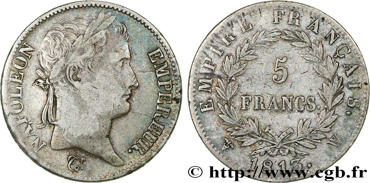 5 francs Napoléon Empereur, Empire français 1813 Lille F.307/75 TB35 