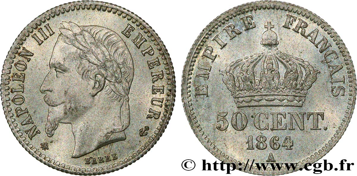 50 centimes Napoléon III, tête laurée 1864 Paris F.188/2 MS63 