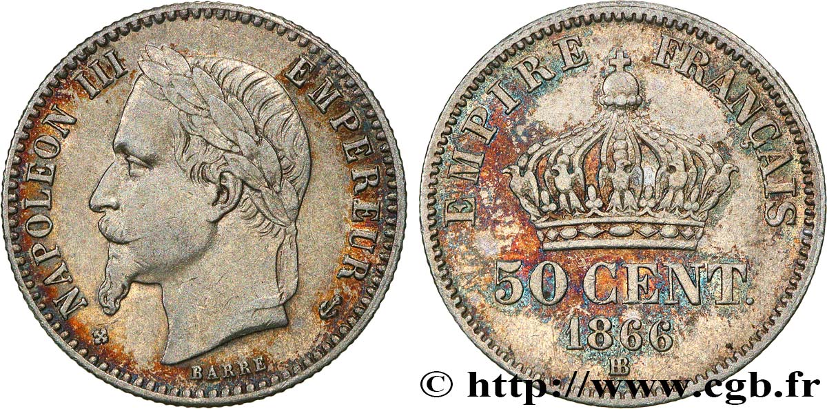 50 centimes Napoléon III, tête laurée 1866 Strasbourg F.188/10 AU53 