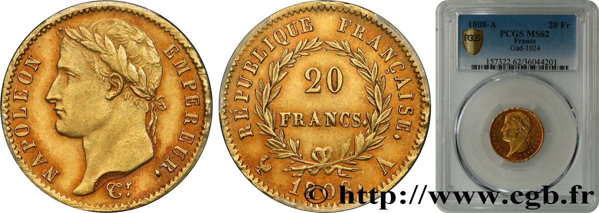 20 francs or Napoléon tête laurée, République française 1808 Paris F.515/2 MS62 PCGS