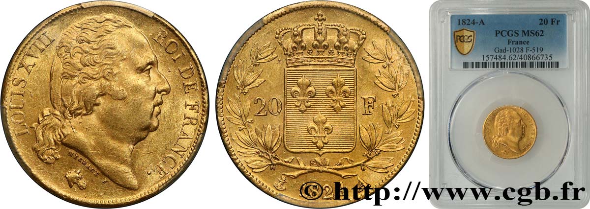 20 francs or Louis XVIII, tête nue 1824 Paris F.519/31 SUP62 PCGS