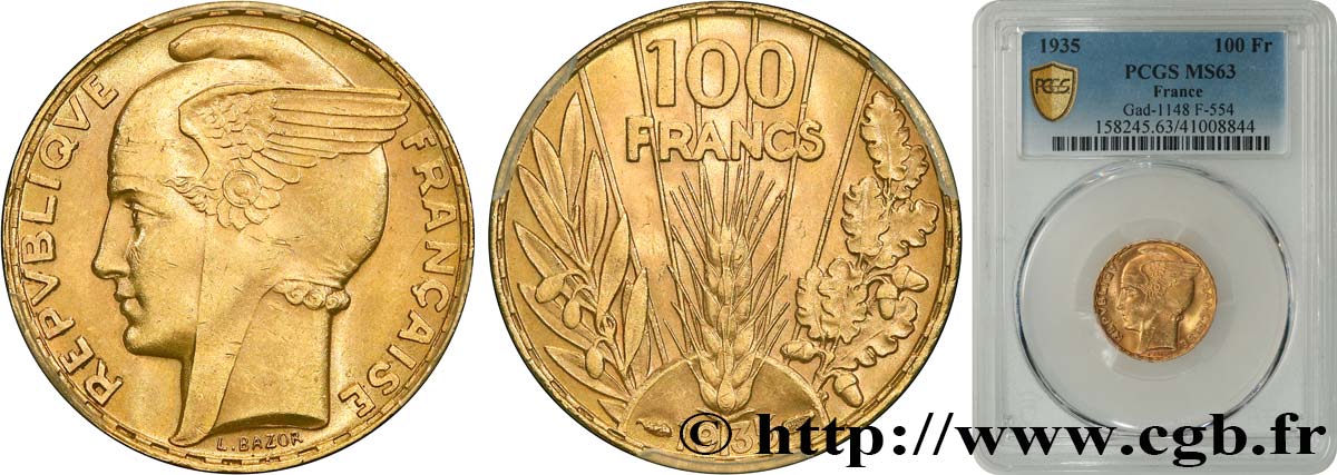 100 francs or, Bazor 1935 Paris F.554/6 SC63 PCGS