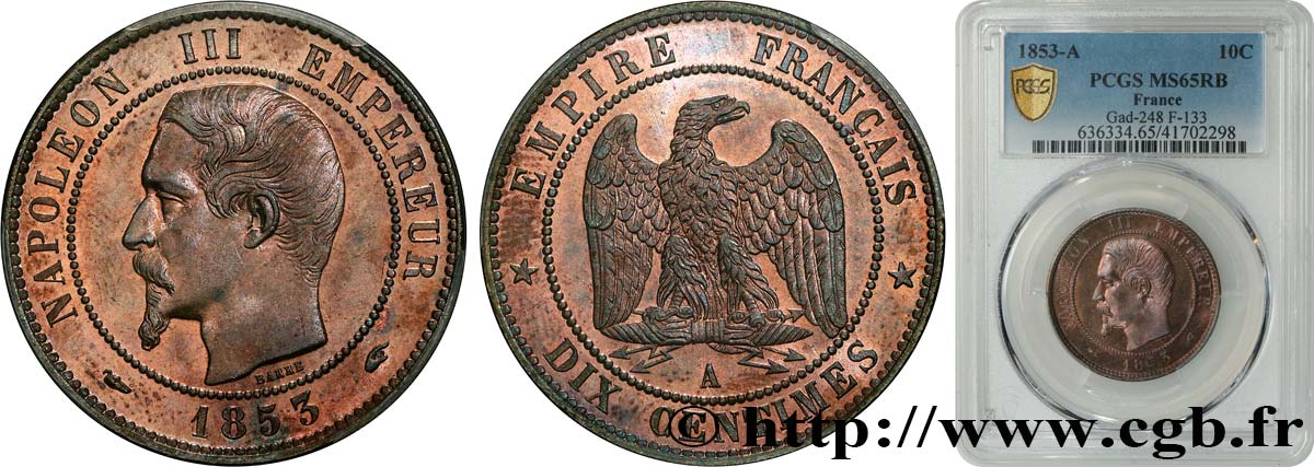 Dix centimes Napoléon III, tête nue 1853 Paris F.133/2 MS65 PCGS