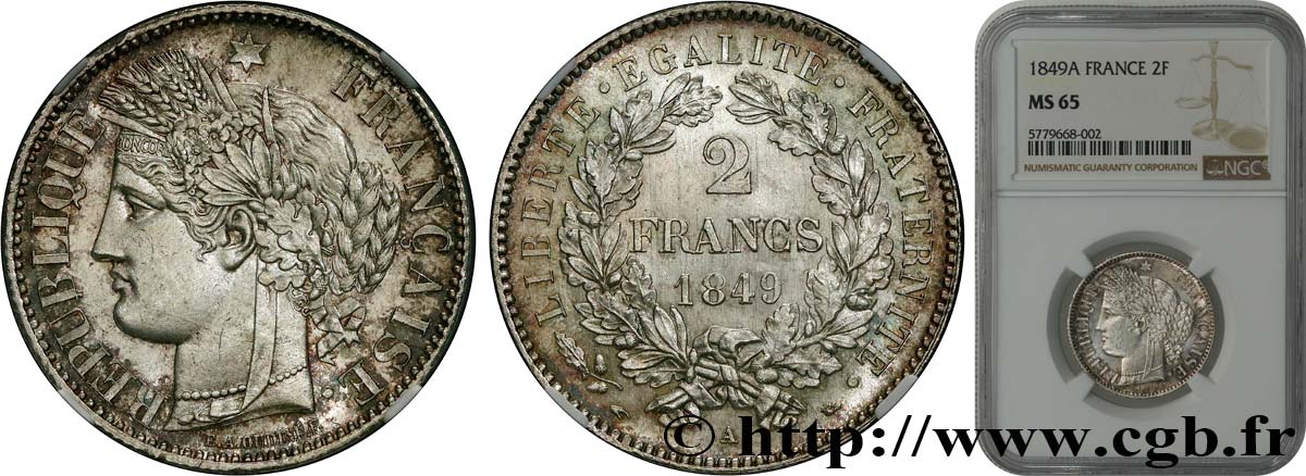 2 francs Cérès, IIe République 1849 Paris F.261/1 MS65 NGC