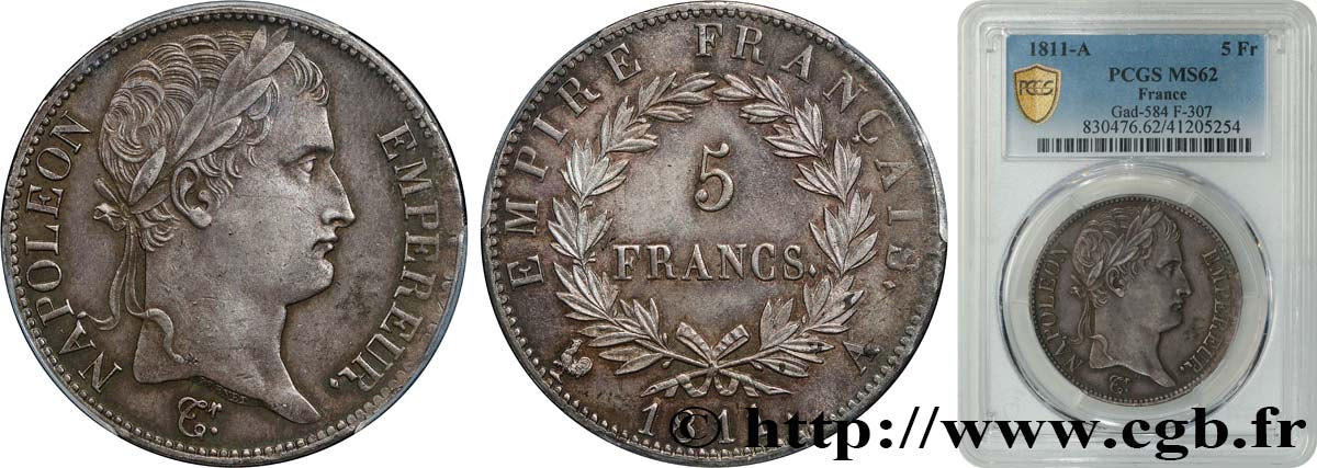 5 francs Napoléon Empereur, Empire français 1811 Paris F.307/27 EBC62 PCGS