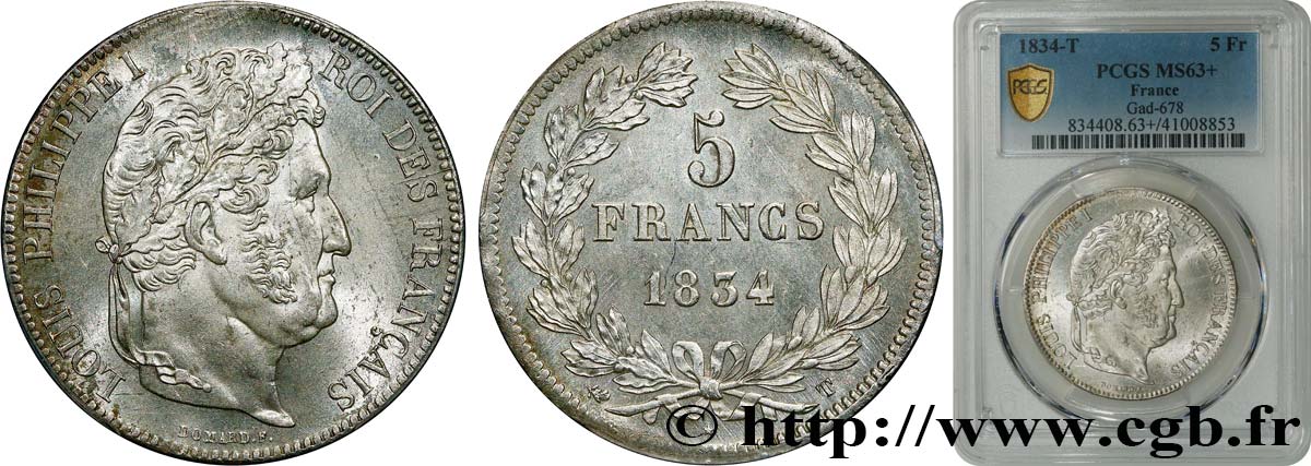 5 francs IIe type Domard 1834 Nantes F.324/40 SPL63 PCGS