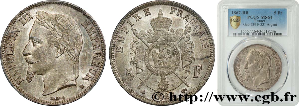 5 francs Napoléon III, tête laurée 1867 Strasbourg F.331/11 SC64 PCGS