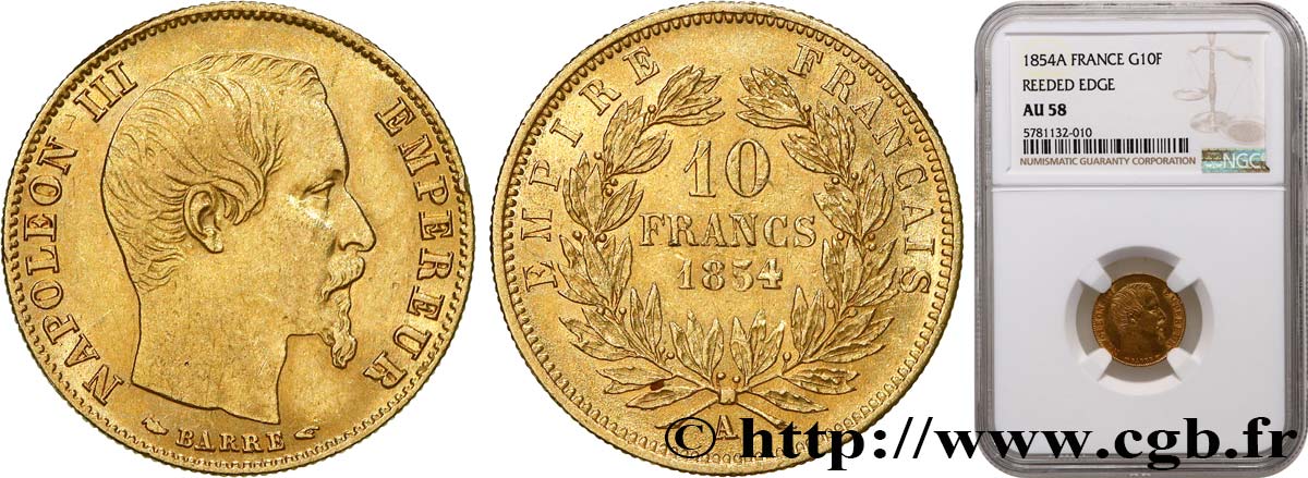10 francs or Napoléon III, tête nue, petit module, tranche cannelée 1854 Paris F.505A/1 VZ58 NGC