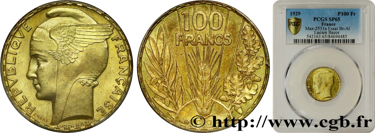Concours de 100 francs or, essai de Bazor en bronze-aluminium 1929 Paris GEM.288 7 ST65 PCGS