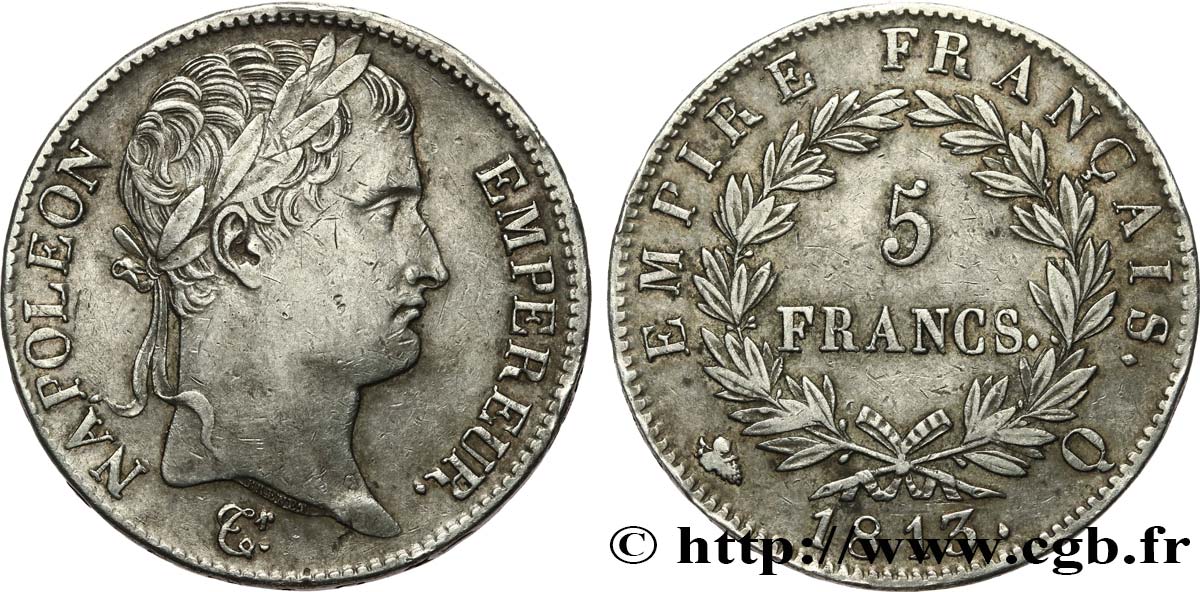5 francs Napoléon Empereur, Empire français 1813 Perpignan F.307/70 XF45 