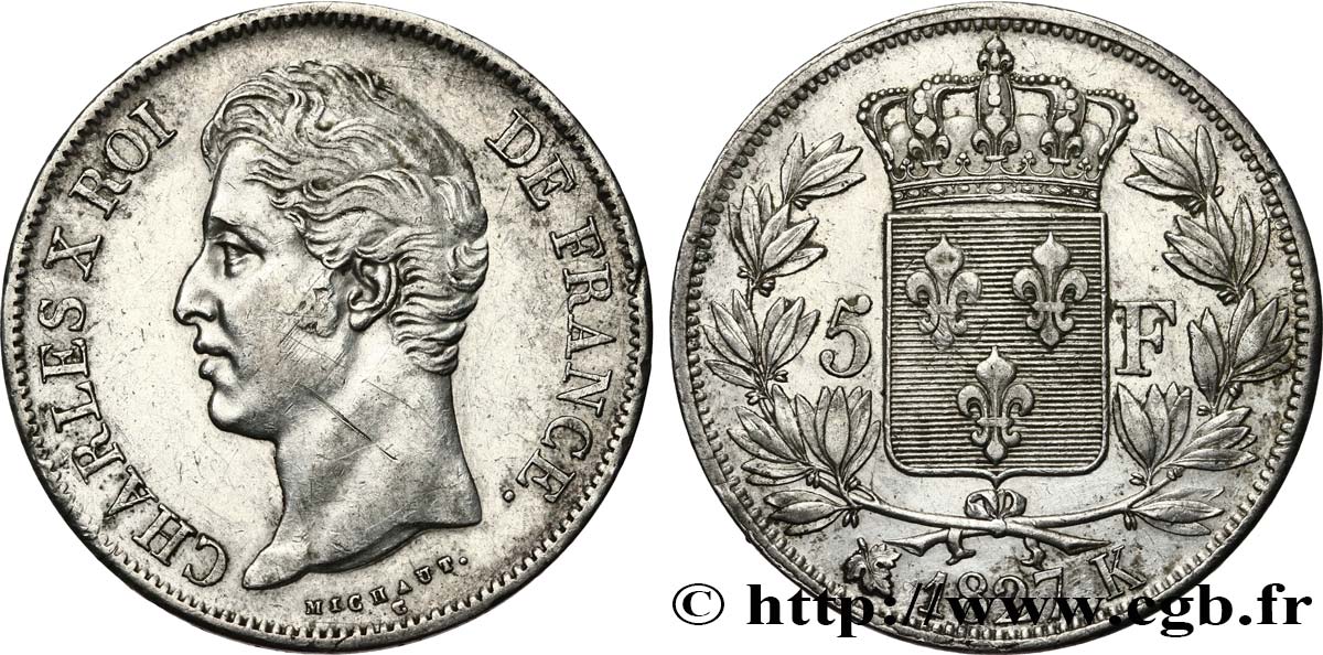 5 francs Charles X, 2e type 1827 Bordeaux F.311/7 MBC 