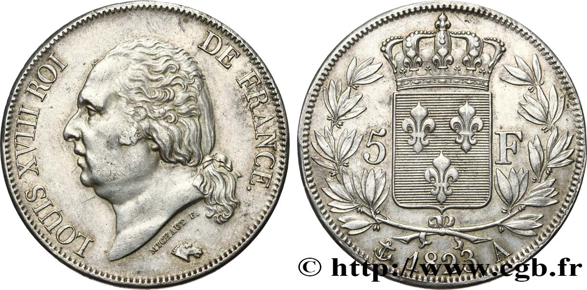 5 francs Louis XVIII, tête nue 1823 Paris F.309/76 SPL 