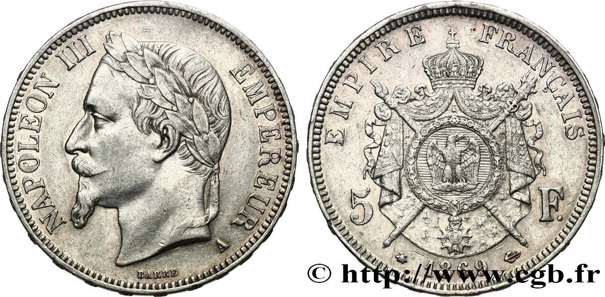 5 francs Napoléon III, tête laurée 1869 Paris F.331/14 XF 