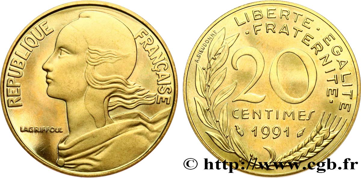 20 centimes Marianne, BE (Belle Épreuve) 1991 Pessac F.156/31 var. MS 