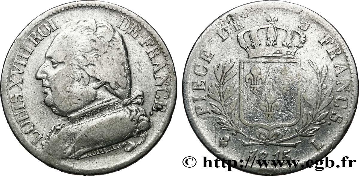 5 francs Louis XVIII, buste habillé 1815 Bayonne F.308/23 BC 