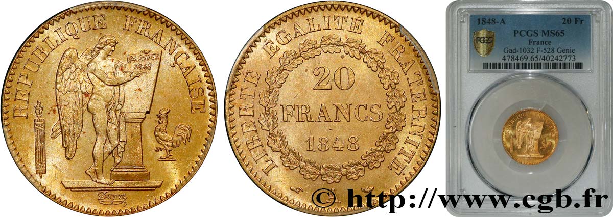 20 francs or Génie, IIe République 1848 Paris F.528/1 MS65 PCGS