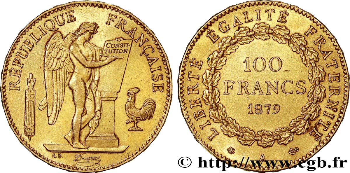 100 francs or Génie, tranche inscrite en relief Dieu protège la France 1879 Paris F.552/2 EBC 