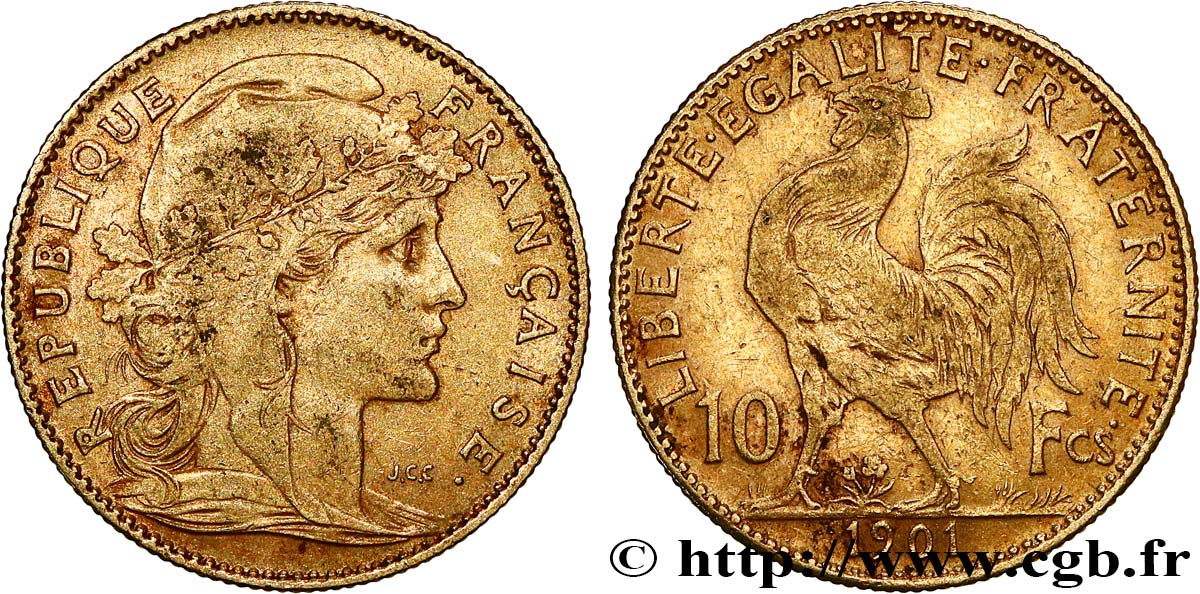 10 francs or Coq 1901 Paris F.509/5 MBC 