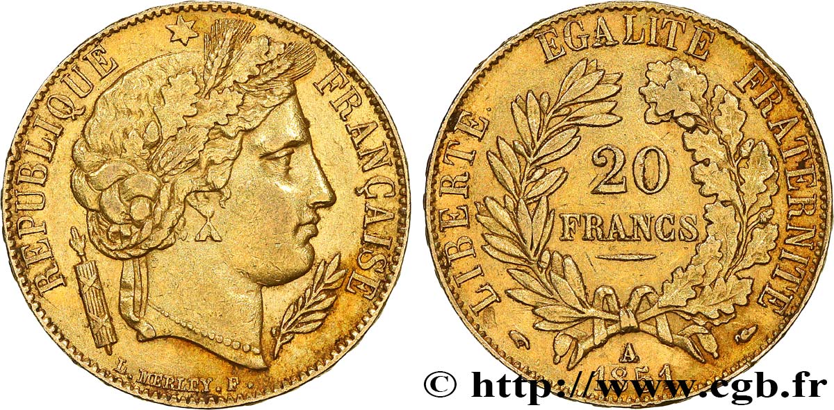 20 francs or Cérès 1851 Paris F.529/4 MBC+ 