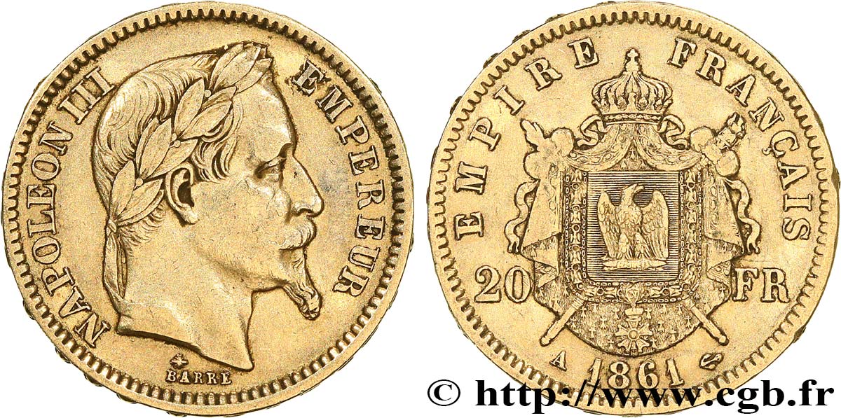 20 francs or Napoléon III, tête laurée 1861 Paris F.532/1 fSS 