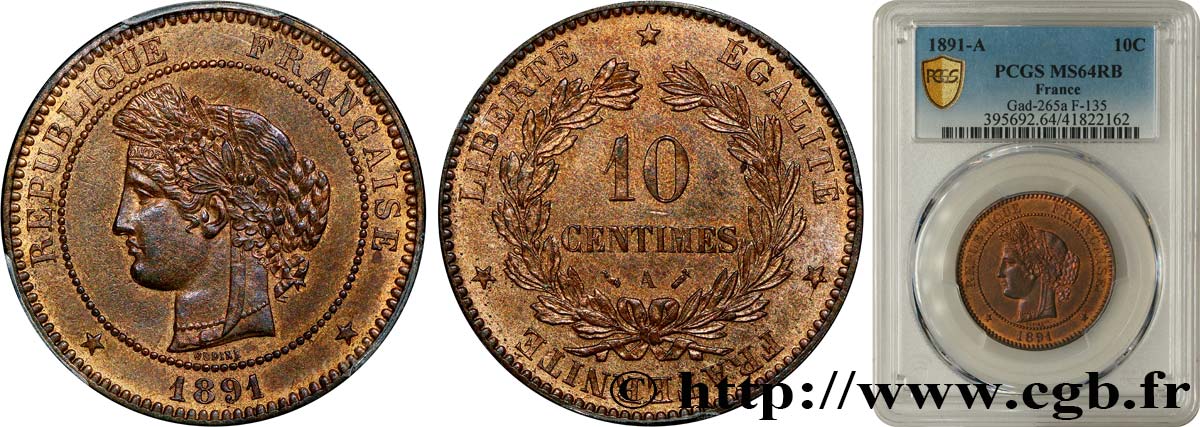 10 centimes Cérès 1891 Paris F.135/36 fST64 PCGS