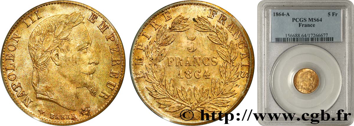 5 francs or Napoléon III, tête laurée 1864 Paris F.502/5 SC64 PCGS